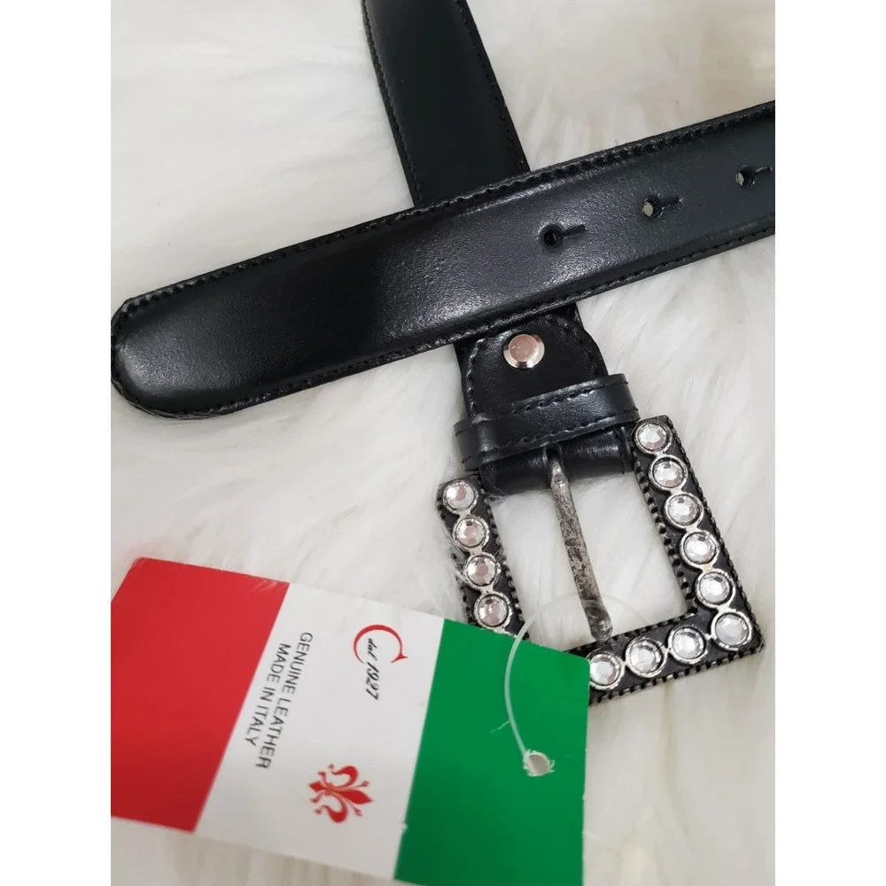 Simple Black Leather Belt Vintage rhinestone SQUARE BUCKLE 80s statement belt‎